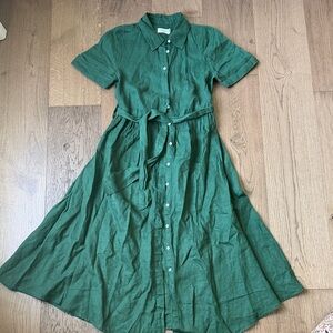 Chic Forest Green Midi 100% Linen Dress